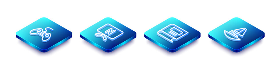 Poster - Set Isometric line Gamepad, Smart Tv, Book and Toy boat icon. Vector