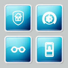 Poster - set line house under protection, thermostat, glasses and mobile and password icon. vector