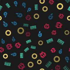Poster - set line roulette construction, measuring height and length, laurel wreath and bus on seamless patte