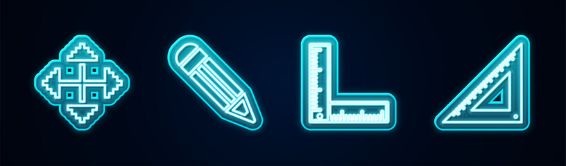 Poster - set line pixel arrows in four directions, pencil, folding ruler and triangular. glowing neon icon. v