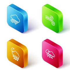 Poster - set isometric line cloud with rain, wind, snow and moon and icon. vector