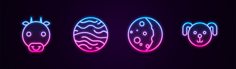 Wall Mural - Set line Ox zodiac, Planet Venus, Eclipse of the sun and Dog. Glowing neon icon. Vector