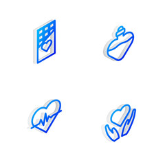 Poster - Set Isometric line Bottle with love potion, Chocolate bar, Heart rate and in hand icon. Vector