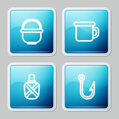 Poster - Set line Camping pot, metal mug, Canteen water bottle and Fishing hook icon. Vector