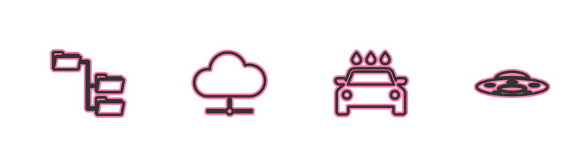 Poster - Set line Folder tree, Car wash, Network cloud connection and UFO flying spaceship icon. Vector