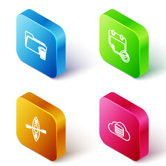 Poster - set isometric line delete folder, calendar with check mark, kayak and paddle and cloud database icon