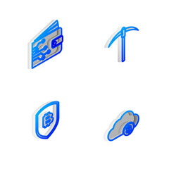 Poster - set isometric line pickaxe, cryptocurrency wallet, shield with bitcoin and cloud mining icon. vector