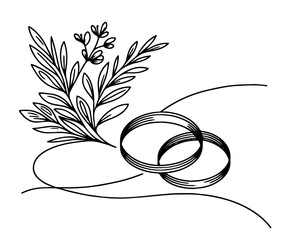 Wall Mural - romantic line art of rings and foliage symbolizing marriage and love