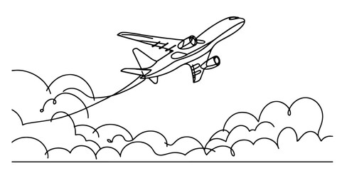 black and white line art of an airplane flying through the clouds