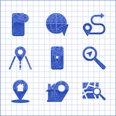 Poster - Set Infographic of city map navigation, Map pointer with house, Folded location marker, Search, Road traffic sign, Route and icon. Vector