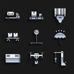Poster - Set Scale, Delivery drone with the package, Harbor port crane, Umbrella and rain drops, Envelope, Railway carriage, Scanner scanning bar code and Post truck icon. Vector