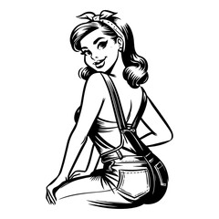 Wall Mural - hand-drawn vector design of a vintage pin-up girl in a classic seated pose