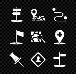 Poster - Set Road traffic sign, Folded map with location marker, Route, Push pin, Flag and icon. Vector