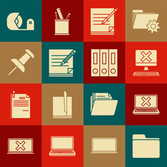Poster - Set Document folder, Laptop and cross mark on screen, Computer with keyboard x, Blank notebook pen, pencil eraser, Push pin, Scotch and Office folders papers documents icon. Vector