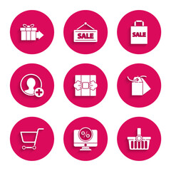 Poster - Set Gift box, Percent discount and monitor, Shopping basket, Blank label template price tag, cart, Create account screen, Shoping bag with Sale and icon. Vector
