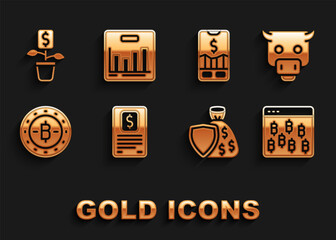 Poster - Set Business finance report, Bull market, Bitcoin browser, Shield and money bag, Mobile stock trading, Dollar plant and Pie chart infographic icon. Vector