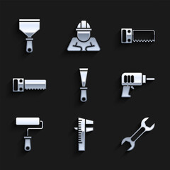 Wall Mural - Set Putty knife, Calliper or caliper and scale, Wrench spanner, Electric drill machine, Paint roller brush, Hand saw, and icon. Vector