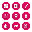© Oksana - Set Location hospital, Ultrasound, Patient record, Digital thermometer, Donate drop blood, Surgery scalpel and DNA symbol icon. Vector