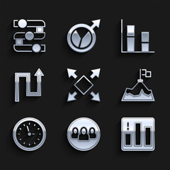 Poster - Set Many ways directional arrow, Project team base, Pie chart infographic, Mountains with flag, Clock, Arrow, Graph, chart, diagram and icon. Vector