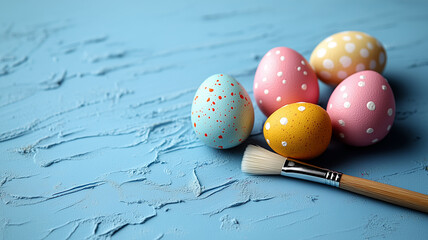 Wall Mural - The eggs are painted in different colors, and there is a brush next to it. The concept of Easter is a hobby of relaxation on an isolated blue background. There is a place for text