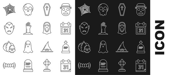 Wall Mural - Set line Calendar with Halloween date 31 october, Tombstone RIP, Coffin christian cross, Zombie hand, Vampire, Spider web and Funny scary ghost mask for icon. Vector
