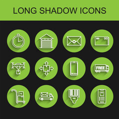 Poster - Set line Hand truck and boxes, Post, Stopwatch, Scanner scanning bar code, Mobile phone with app delivery tracking, Cardboard traffic symbol, Free service and icon. Vector