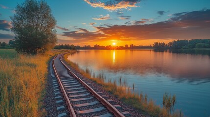 Railway Track Bordering a Lake at Sunset - Peaceful Travel Path