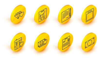 Poster - Set line Stacks paper money cash, Personal document, Money with shield, House, Empty form, Contract pen, Document graph chart and Diamond icon. Vector