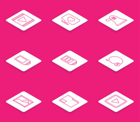 Poster - Set line Play Video, Like and heart, Megaphone, Battery charge level indicator, Speech bubble chat, Picture landscape and Document folder icon. Vector
