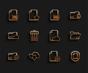 Poster - Set line Document folder and check mark, Cloud download, PSD file document, Add new, protection concept, Trash can, and storage text icon. Vector