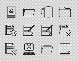 Poster - set line delete file document, file, coffee cup flat, computer with keyboard and x mark, user manual