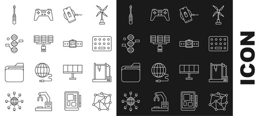 Poster - Set line Neural network, 3D printer, Pills blister pack, Wireless charger, Server, Data, Web Hosting, DNA symbol, Screwdriver and Smartwatch icon. Vector