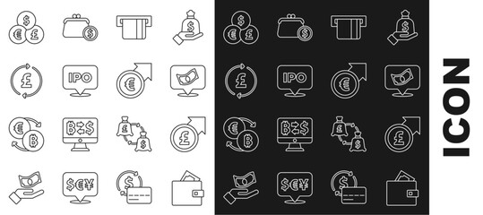 Poster - Set line Wallet with money, Financial growth and pound, Stacks paper cash, Credit card inserted, IPO, Coin, Currency exchange and euro icon. Vector