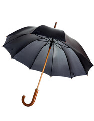 image of a black umbrella with a wooden handle being held, isolated on a transparent background