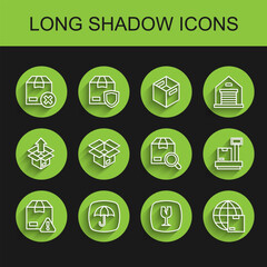 Poster - Set line Delivery security with shield, package umbrella, Carton cardboard box, Fragile broken glass, Worldwide shipping, Unboxing, Scale and Search icon. Vector