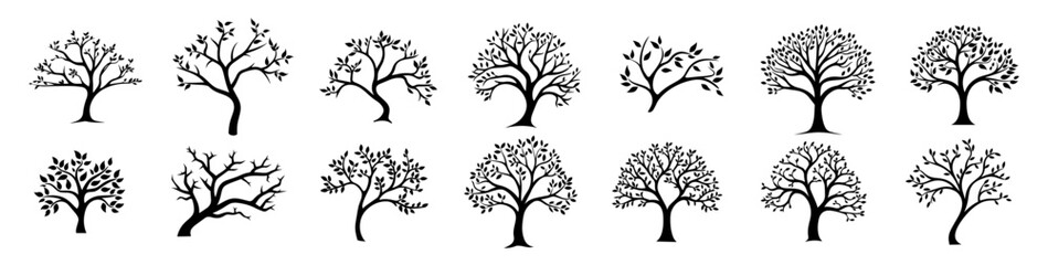 Wall Mural - set of stylized vector tree outlines with diverse shapes and simple line art
