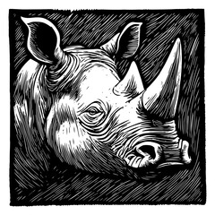 Wall Mural - hand-drawn vector of a rhinoceros head, designed in a classic woodcut style with bold contrast and deep shadows for a vintage print effect