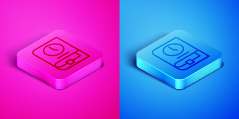 Poster - isometric line time for book icon isolated on pink and blue background. square button. vector