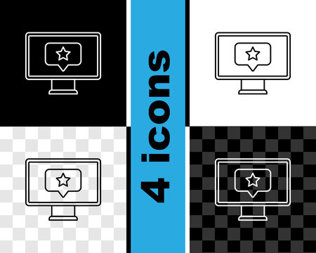 Set line Monitor with star icon isolated on black and white, transparent background. Favorite, best rating, award symbol. Vector