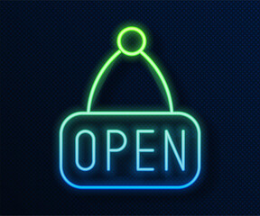 Poster - glowing neon line hanging sign with text open door icon isolated on blue background. vector