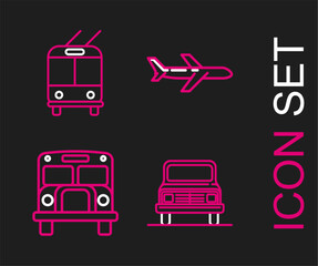 Poster - Set line Car, School Bus, Plane and Trolleybus icon. Vector