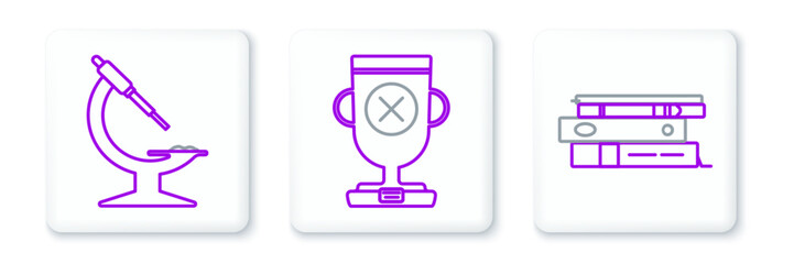 Poster - Set line Office folders with papers and documents, Microscope and Award cup icon. Vector