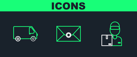 Poster - Set line Delivery man with cardboard boxes, cargo truck vehicle and Envelope icon. Vector