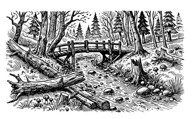 Wall Mural - vector of a rustic wooden bridge over a scenic forest stream