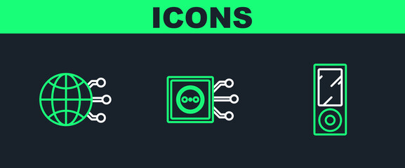 Poster - Set line Music player, Global technology or social network and Remote control icon. Vector