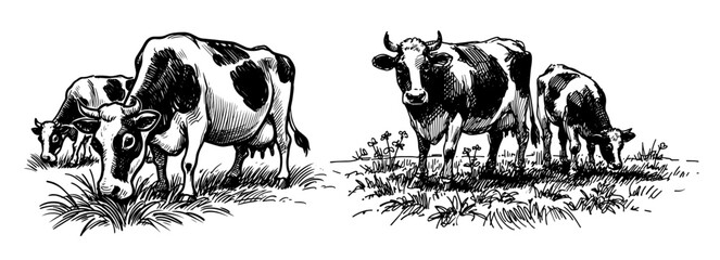 Wall Mural - realistic vector illustration of grazing cows in vintage engraving style