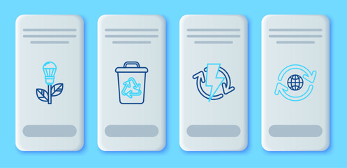 Poster - set line recycle bin with recycle symbol, recharging, light bulb leaf and planet earth and recycling