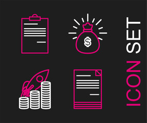 Poster - set line document, rocket flying up on coins growth chart, money bag and icon. vector