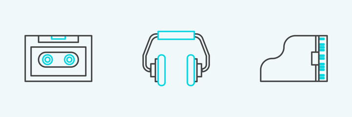 Poster - Set line Grand piano, Retro audio cassette tape and Headphones icon. Vector