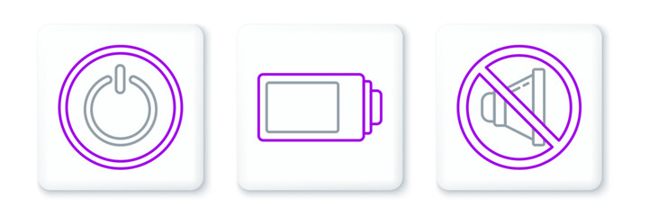 Poster - set line speaker mute, power button and battery charge level indicator icon. vector